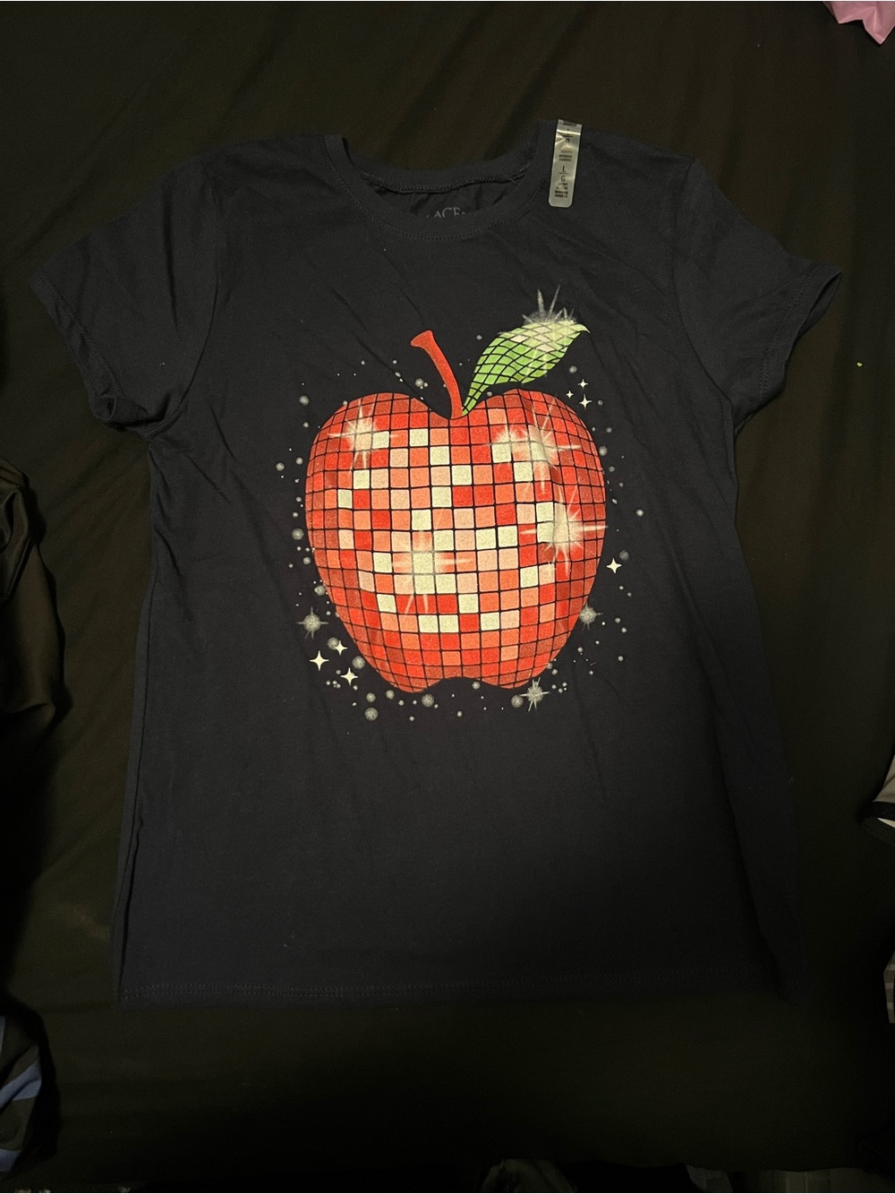 Navy Blue Tee with Sparkling Red Mosaic Apple Graphic